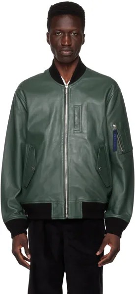 Зеленый кожаный бомбер в стиле милитари PS by Paul Smith