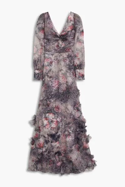 Платье из органзы с перекрученным цветочным принтом Marchesa Notte, сирень