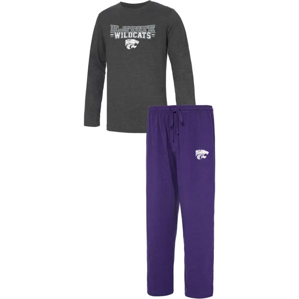 Мужская спортивная фиолетовая/темно-серая футболка Kansas State Wildcats Meter с длинными рукавами и брюки, комплект для сна