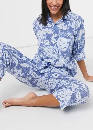 Темно-синяя пижама с брюками капри и рубашкой с лацканами с цветочным принтом Lauren by Ralph Lauren-Темно-синий