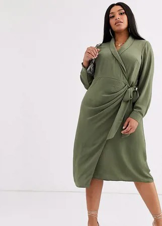 Платье миди цвета хаки с запахом и воротником ASOS DESIGN Curve-Зеленый цвет