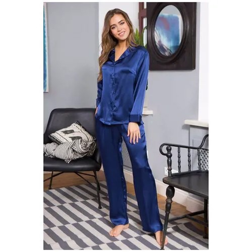 Пижама Mia-Mia, жакет, брюки, застежка пуговицы, длинный рукав, карманы, размер L(48), синий