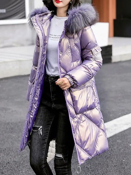 Milanoo Puffer Coats For Women Purple Long Turndown Collar Front Button Long Sleeves Casual Thicken