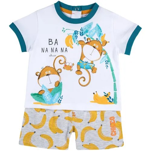 Комплект футболка и шорты Chicco, размер 086, принт обезьянки (бело-серый)