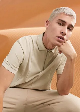 Поло со вставками, короткой молнией и кромкой в рубчик ASOS DESIGN-Neutral