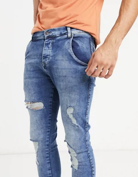 Выбеленные зауженные джинсы с потертостями SikSilk-Голубой