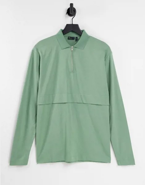Зеленое поло в стиле oversized с молнией и длинными рукавами ASOS DESIGN-Зеленый цвет