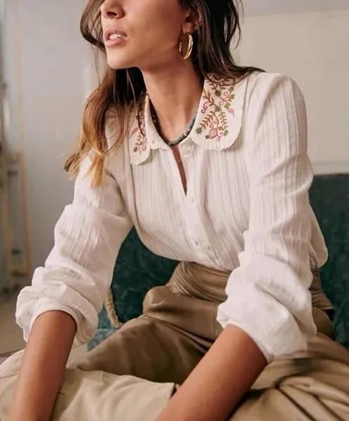 SEZANE Белая рубашка на пуговицах цвета слоновой кости Thilda с цветочной вышивкой 36 = 4 США S