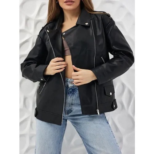 Куртка косуха из искусственной кожи женская молодежная черная/56 размер