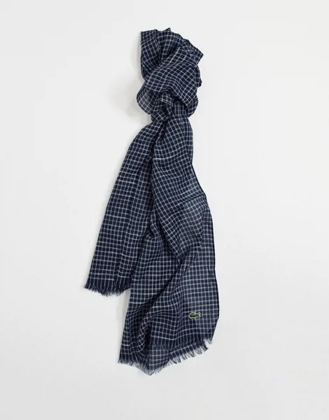 Небольшой шарф из хлопка и льна в клетку темно-синего и белого цветов Lacoste-Темно-синий