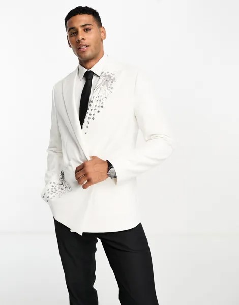 Белый двубортный пиджак приталенного кроя Devils Advocate с острыми лацканами и украшением