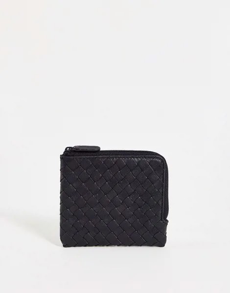 Черный кожаный бумажник на молнии с плетеной отделкой ASOS DESIGN-Черный цвет