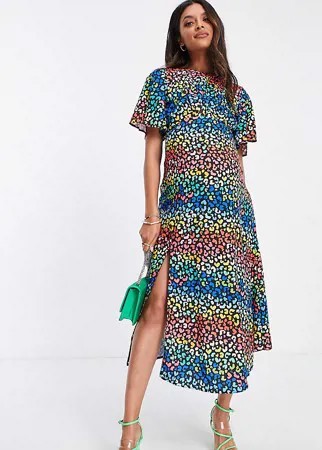Эксклюзивное платье миди с расклешенными рукавами и разноцветным леопардовым принтом Queen Bee-Разноцветный
