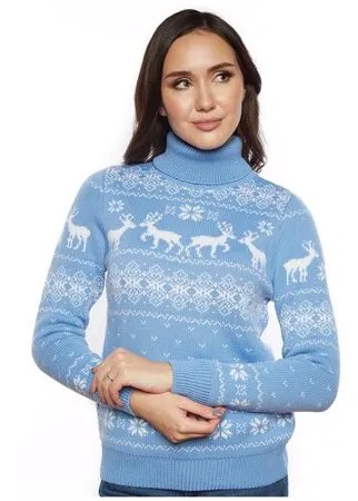 Женский свитер, классический скандинавский орнамент с Оленями и снежинками, натуральная шерсть, голубой цвет, размер XS