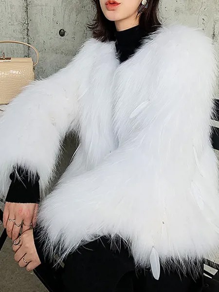 Milanoo Faux Fur Coats For Women White Long Sleeves Feathers Polyester Short Winter Coat