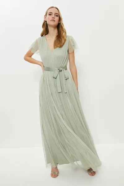Платье макси из тюля с V-образным вырезом и завязкой на поясе для подружки невесты Coast, зеленый