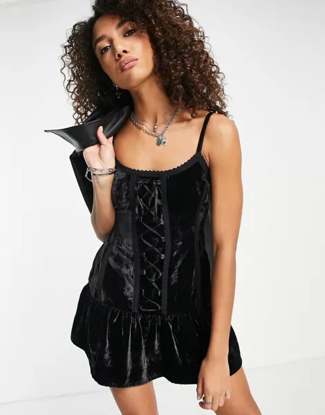 Черное бархатное корсетное мини-платье Reclaimed Vintage со шнуровкой