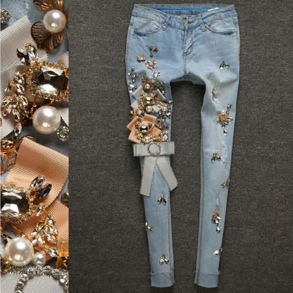 Джинсы-карандаш женские тонкие, Стрейчевые узкие модные роскошные рваные джинсы с бисером и бриллиантами, весна-осень