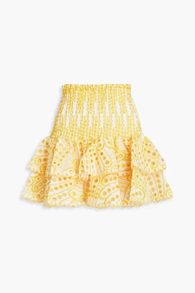 Мини-юбка Noa из смесового хлопка с рюшами и сборками из английской вышивки Charo Ruiz Ibiza, желтый