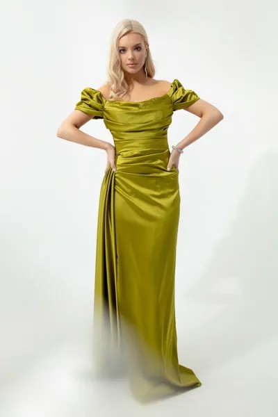 Женское длинное атласное вечернее платье фисташкового цвета с вырезом «лодочка» и выпускное платье Lafaba, зеленый