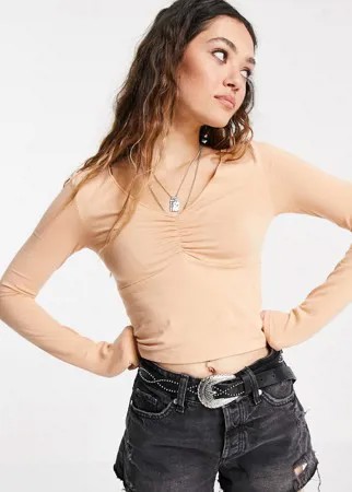 Лонгслив со сборками спереди персикового цвета Topshop-Коричневый цвет