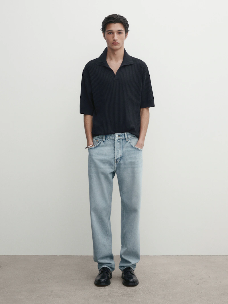 Рубашка-Поло из смеси хлопка и льна в рубчик Massimo Dutti, синий