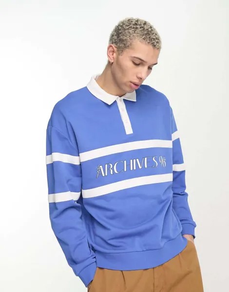 Синяя толстовка-поло оверсайз с текстовым принтом ASOS DESIGN