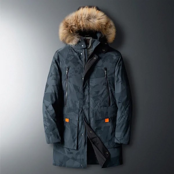 2023 Зимняя Мужская модная термальная стеганая куртка, элегантная утепленная парка с капюшоном, Трендовое длинное пальто с меховым воротнико...