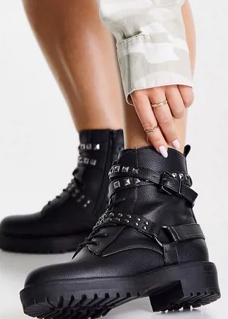 Черные ботинки с заклепками на толстой плоской подошве New Look Wide Fit-Черный цвет