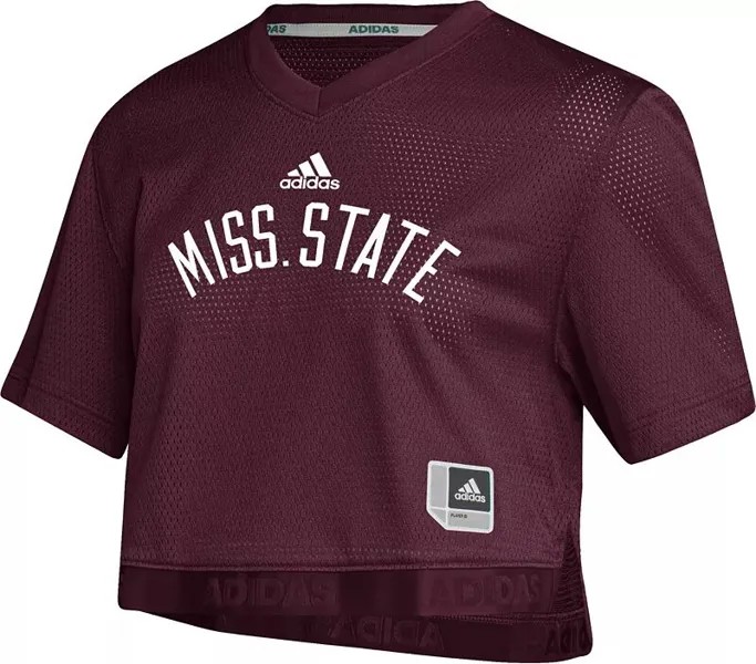 Женская темно-бордовая укороченная футбольная майка Adidas Mississippi State Bulldogs