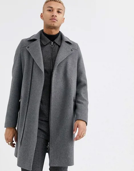 Серое пальто из смешанной шерсти с байкерской отделкой ASOS DESIGN-Серый