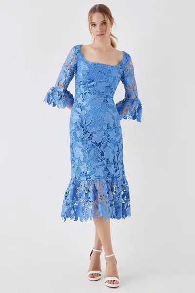 Атласное кружевное платье миди с длинными рукавами Coast, синий