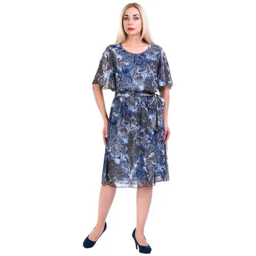 Платье шифоновое легкое летнее приталенное с поясом с принтом короткий рукав plus size (большие размеры) OL/1805031/1-68