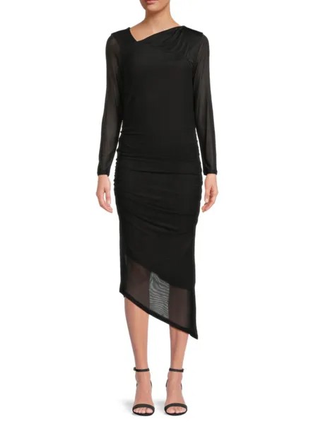 Платье-футляр миди с асимметричным подолом и сборками Calvin Klein, черный