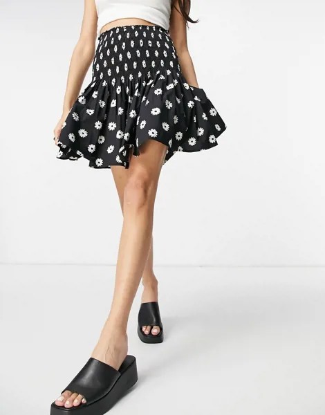Гофрированная мини-юбка с вышитым цветочным принтом New Look-Черный