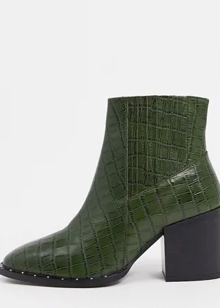 Зеленые кожаные ботильоны на каблуке для широкой стопы ASOS DESIGN-Зеленый цвет
