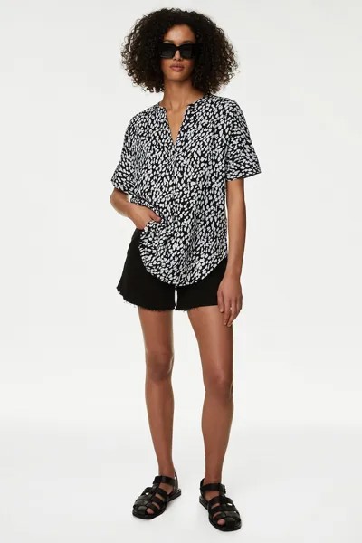Льняная блузка с овальным подолом Marks & Spencer, черный