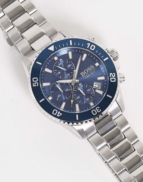 Мужские серебристые часы-браслет с синим циферблатом Boss 1513907-Серебряный