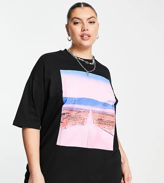 Черная oversized-футболка с пейзажным фотопринтом ASOS DESIGN Curve-Черный