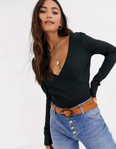 Черное боди в рубчик с запахом ASOS DESIGN-Черный цвет