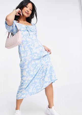 Голубое платье миди с вырезом сердечком и цветочным узором New Look Petite-Голубой