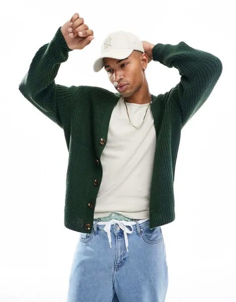 Зеленый вязаный кардиган в рубчик оверсайз ASOS DESIGN