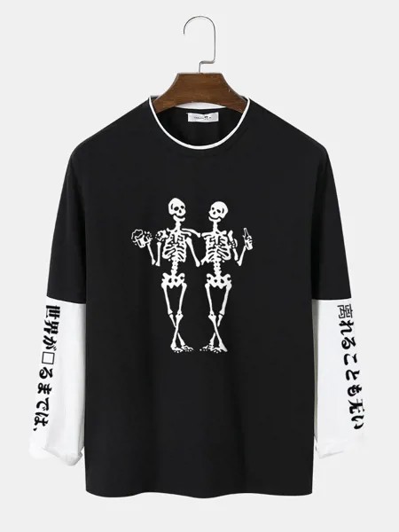 Мужские футболки с длинным рукавом в стиле пэчворк с японским принтом в стиле скелета