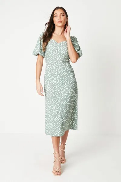 Зеленое платье миди Petite Animal со сборками и пышными рукавами спереди Dorothy Perkins, зеленый
