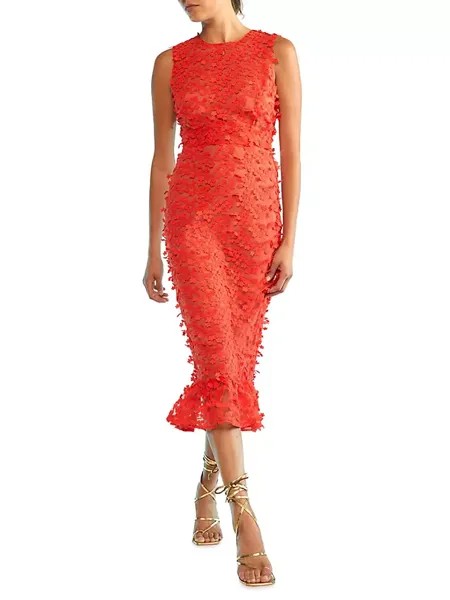 Платье миди из тюля с цветочной аппликацией Cynthia Rowley, красный
