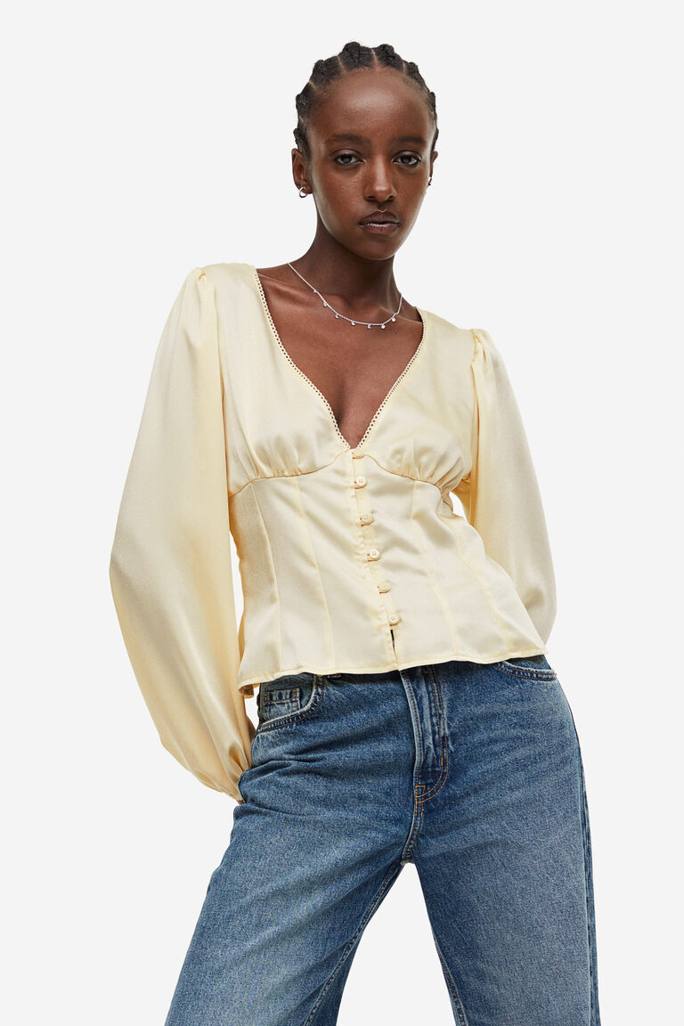 Атласная блузка с объемными рукавами H&M, желтый