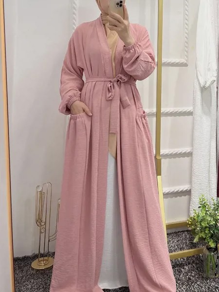 Siskakia Дубай Марокко Caftan мусульманский кардиган абайя женский элегантный однотонный волнистый морщинистый пояс кимоно Лето 2022 г. Мусульманс...