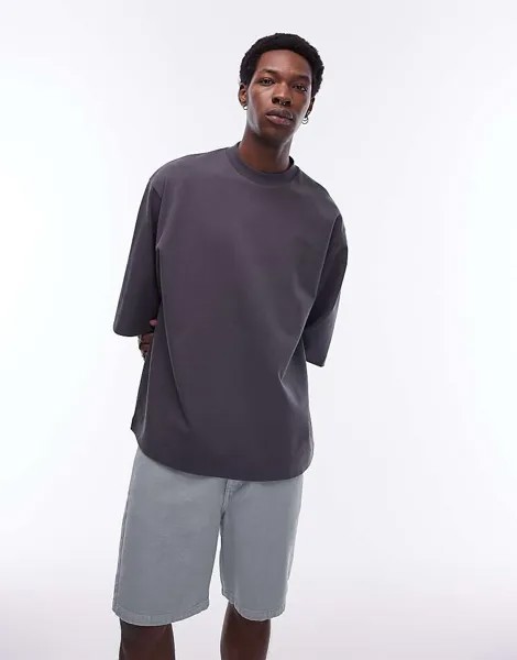 Topman — качественная повседневная футболка из плотной ткани темно-серого цвета с рукавами средней длины, 300 г/м²