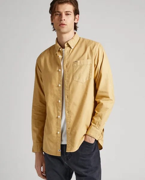 Обычная однотонная мужская рубашка горчичного цвета Pepe Jeans, горчичный