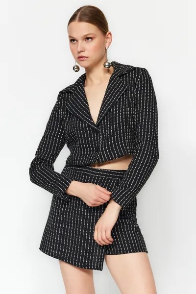 Черный укороченный твидовый пиджак с блестками Trendyol
